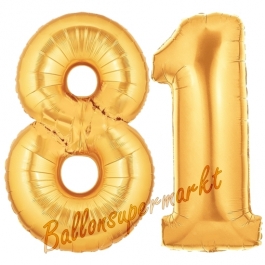 Zahl 81, Gold, Luftballons aus Folie zum 81. Geburtstag, 100 cm, inklusive Helium