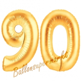 Zahl 90, Gold, Luftballons aus Folie zum 90. Geburtstag