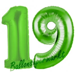 Zahl 19 Grün, Luftballons aus Folie zum 19. Geburtstag, 100 cm, inklusive Helium