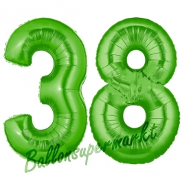 Zahl 38 Grün, Luftballons aus Folie zum 38. Geburtstag, 100 cm, inklusive Helium