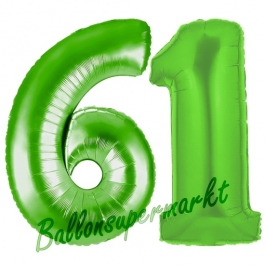 Zahl 61, Grün, Luftballons aus Folie zum 61. Geburtstag, 100 cm, inklusive Helium