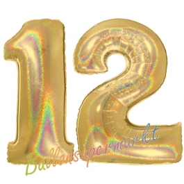 Zahl 12, Holografisch, Gold, Luftballons aus Folie zum 12. Geburtstag, 100 cm, inklusive Helium