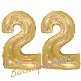 Zahl 22, holografisch, Gold, Luftballons aus Folie zum 22. Geburtstag, 100 cm, inklusive Helium