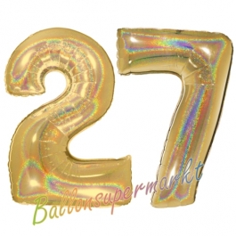 Zahl 27, holografisch, Gold, Luftballons aus Folie zum 27. Geburtstag, 100 cm, inklusive Helium