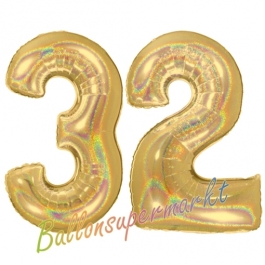 Zahl 32, holografisch, Gold, Luftballons aus Folie zum 32. Geburtstag, 100 cm, inklusive Helium
