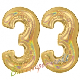 Zahl 33, holografisch, Gold, Luftballons aus Folie zum 33. Geburtstag, 100 cm, inklusive Helium