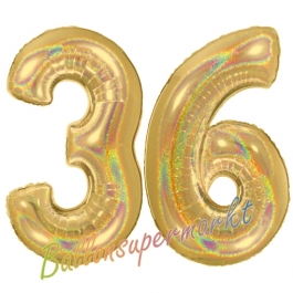 Zahl 36, holografisch, Gold, Luftballons aus Folie zum 36. Geburtstag, 100 cm, inklusive Helium