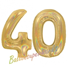 Zahl 40, holografisch, Gold, Luftballons aus Folie zum 40. Geburtstag