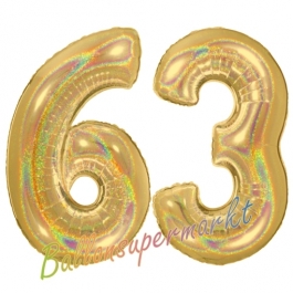 Zahl 63, holografisch, Gold, Luftballons aus Folie zum 63. Geburtstag, 100 cm, inklusive Helium