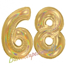 Zahl 68, holografisch, Gold, Luftballons aus Folie zum 68. Geburtstag, 100 cm, inklusive Helium