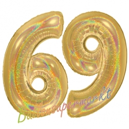 Zahl 69, holografisch, Gold, Luftballons aus Folie zum 69. Geburtstag, 100 cm, inklusive Helium