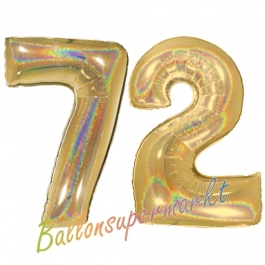 Zahl 72, holografisch, Gold, Luftballons aus Folie zum 72. Geburtstag, 100 cm, inklusive Helium