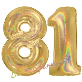 Zahl 81, holografisch, Gold, Luftballons aus Folie zum 81. Geburtstag, 100 cm, inklusive Helium