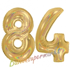 Zahl 84, holografisch, Gold, Luftballons aus Folie zum 84. Geburtstag, 100 cm, inklusive Helium