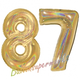 Zahl 87, holografisch, Gold, Luftballons aus Folie zum 87. Geburtstag, 100 cm, inklusive Helium