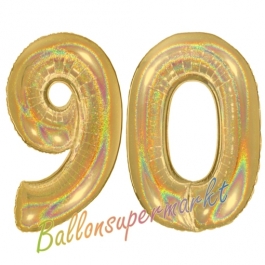 Zahl 90, holografisch, Gold, Luftballons aus Folie zum 90. Geburtstag, 100 cm, inklusive Helium