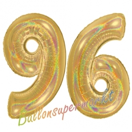 Zahl 96, holografisch, Gold, Luftballons aus Folie zum 96. Geburtstag, 100 cm, inklusive Helium
