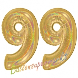 Zahl 99, holografisch, Gold, Luftballons aus Folie zum 99. Geburtstag, 100 cm, inklusive Helium
