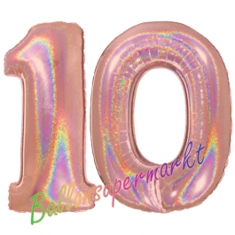 Zahl 10, holografisch, Rosegold, Luftballons aus Folie zum 10. Geburtstag, 100 cm, inklusive Helium