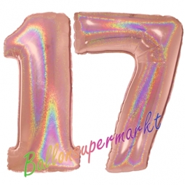 Zahl 17, holografisch, Rosegold, Luftballons aus Folie zum 17. Geburtstag, 100 cm, inklusive Helium