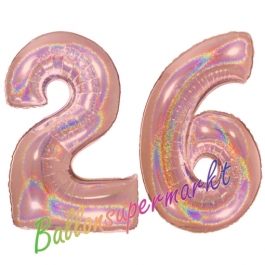 Zahl 26, holografisch, Rosegold, Luftballons aus Folie zum 26. Geburtstag, 100 cm, inklusive Helium