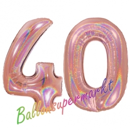 Zahl 40, holografisch, Rosegold, Luftballons aus Folie zum 40. Geburtstag