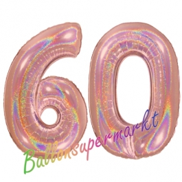 Zahl 60, holografisch, Rosegold, Luftballons aus Folie zum 60. Geburtstag, 100 cm, inklusive Helium