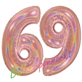 Zahl 69, holografisch, Rosegold, Luftballons aus Folie zum 69. Geburtstag, 100 cm, inklusive Helium
