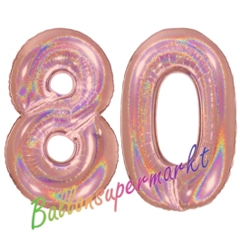 Zahl 80, holografisch, Rosegold, Luftballons aus Folie zum 80. Geburtstag, 100 cm, inklusive Helium
