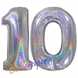 Zahl 10, Holografisch, Silber, Luftballons aus Folie zum 10. Geburtstag, 100 cm, inklusive Helium