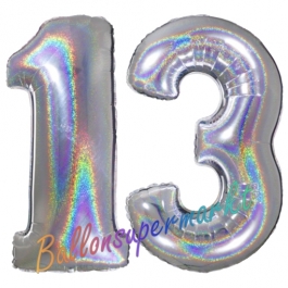 Zahl 13, Holografisch, Silber, Luftballons aus Folie zum 13. Geburtstag, 100 cm, inklusive Helium