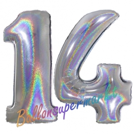 Zahl 14, Holografisch, Silber, Luftballons aus Folie zum 14. Geburtstag, 100 cm, inklusive Helium