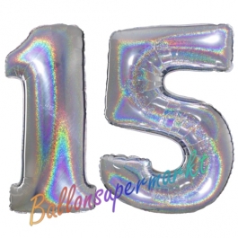 Zahl 15, Holografisch, Silber, Luftballons aus Folie zum 15. Geburtstag, 100 cm, inklusive Helium