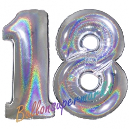 Zahl 18, holografisch, Silber, Luftballons aus Folie zum 18. Geburtstag, 100 cm, inklusive Helium
