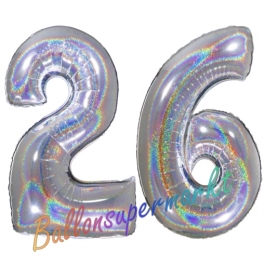 Zahl 26, Holografisch, Silber, Luftballons aus Folie zum 26. Geburtstag, 100 cm, inklusive Helium