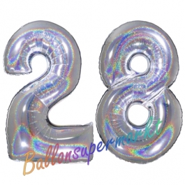Zahl 28, Holografisch, Silber, Luftballons aus Folie zum 28. Geburtstag, 100 cm, inklusive Helium