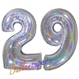 Zahl 29, Holografisch, Silber, Luftballons aus Folie zum 29. Geburtstag, 100 cm, inklusive Helium
