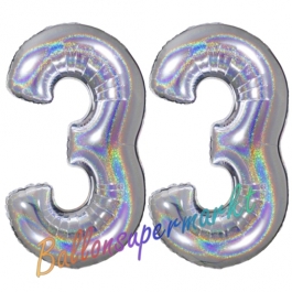 Zahl 33, Holografisch, Silber, Luftballons aus Folie zum 33. Geburtstag, 100 cm, inklusive Helium