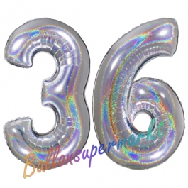 Zahl 36, Holografisch, Silber, Luftballons aus Folie zum 36. Geburtstag, 100 cm, inklusive Helium