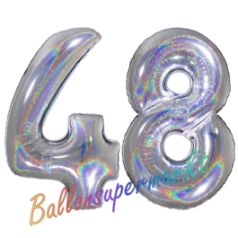 Zahl 48, Holografisch, Silber, Luftballons aus Folie zum 48. Geburtstag, 100 cm, inklusive Helium