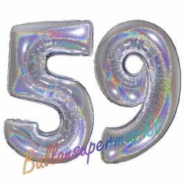Zahl 59, Holografisch, Silber, Luftballons aus Folie zum 59. Geburtstag, 100 cm, inklusive Helium