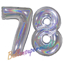 Zahl 78, Holografisch, Silber, Luftballons aus Folie zum 78. Geburtstag, 100 cm, inklusive Helium