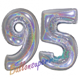 Zahl 95, holografisch, Silber, Luftballons aus Folie zum 95. Geburtstag, 100 cm, inklusive Helium