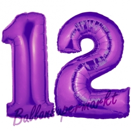 Zahl 12 Lila, Luftballons aus Folie zum 12. Geburtstag, 100 cm, inklusive Helium