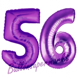 Zahl 56, Lila, Luftballons aus Folie zum 56. Geburtstag, 100 cm, inklusive Helium