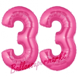 Zahl 33, Pink, Luftballons aus Folie zum 33. Geburtstag, 100 cm, inklusive Helium