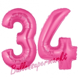 Zahl 34, Pink, Luftballons aus Folie zum 34. Geburtstag, 100 cm, inklusive Helium