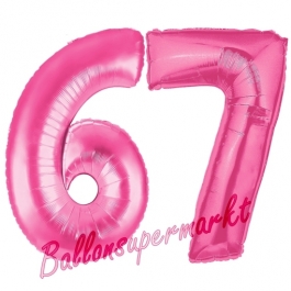Zahl 67, Pink, Luftballons aus Folie zum 67. Geburtstag, 100 cm, inklusive Helium
