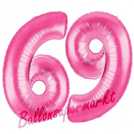 Zahl 69, Pink, Luftballons aus Folie zum 69. Geburtstag, 100 cm, inklusive Helium