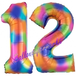 Zahl 12 Regenbogen, Zahlen Luftballons aus Folie zum 12. Geburtstag, inklusive Helium